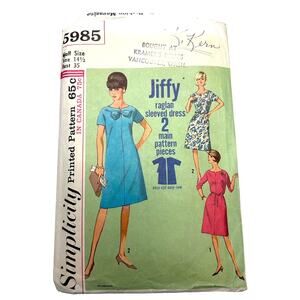 Simplicity Vintage 1965 Pattern #5985 Jiffy Raglan Sleeved Dress Size 14.5